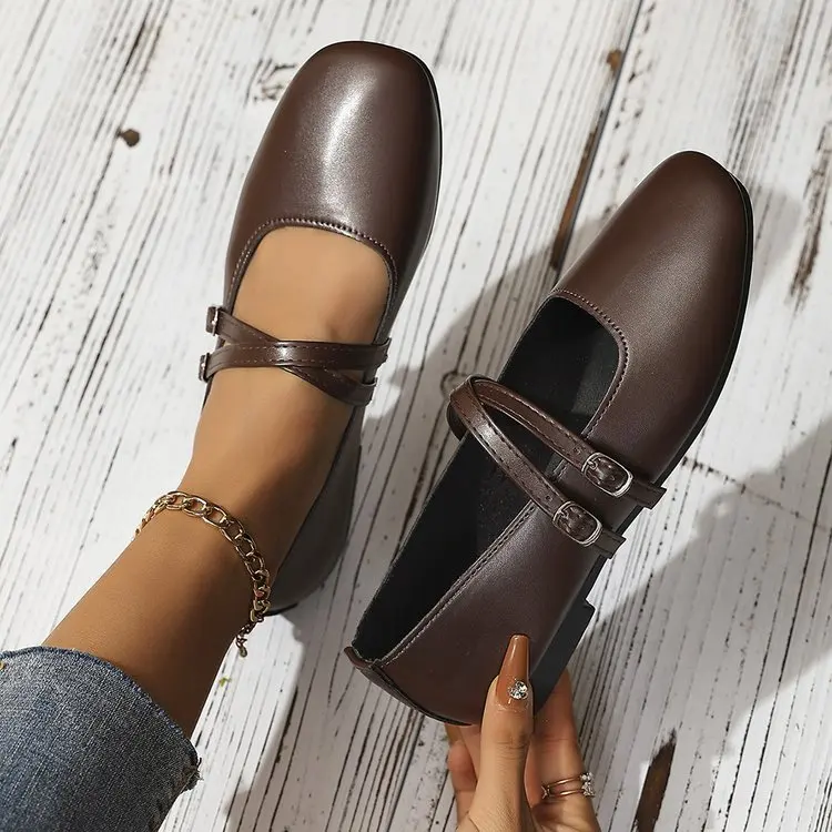 Classic Retro Mary Jane Flat Shoes Fashionable New Women'S Casual Shoes Square Toe Straight Buckle Shallow Mouth Work Shoes