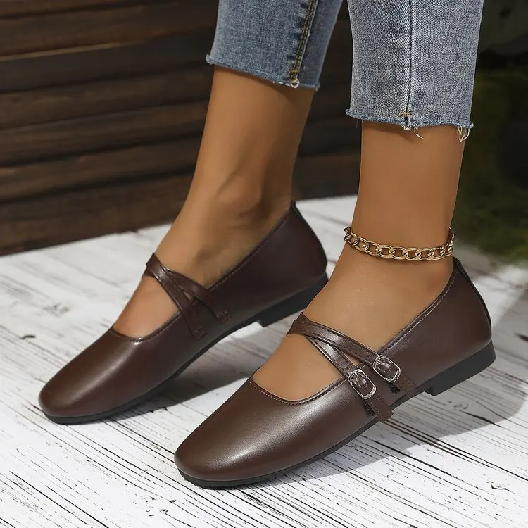 Classic Retro Mary Jane Flat Shoes Fashionable New Women'S Casual Shoes Square Toe Straight Buckle Shallow Mouth Work Shoes