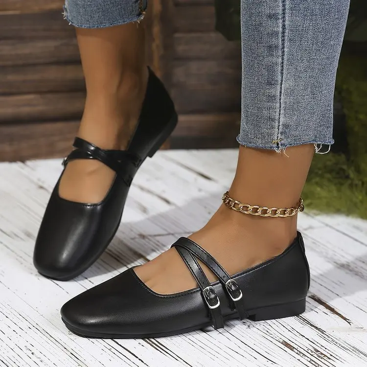 Classic Retro Mary Jane Flat Shoes Fashionable New Women'S Casual Shoes Square Toe Straight Buckle Shallow Mouth Work Shoes