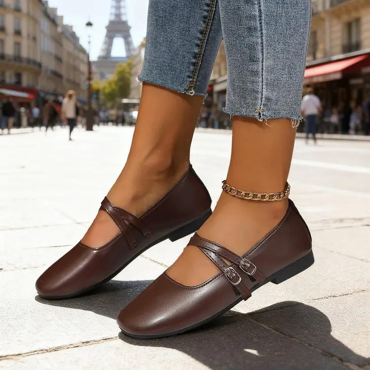 Classic Retro Mary Jane Flat Shoes Fashionable New Women'S Casual Shoes Square Toe Straight Buckle Shallow Mouth Work Shoes