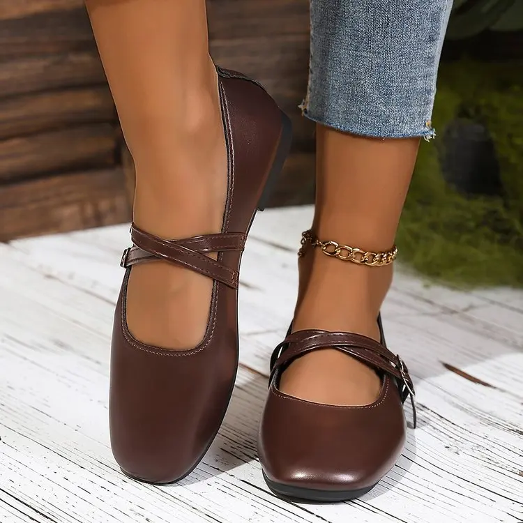 Classic Retro Mary Jane Flat Shoes Fashionable New Women'S Casual Shoes Square Toe Straight Buckle Shallow Mouth Work Shoes