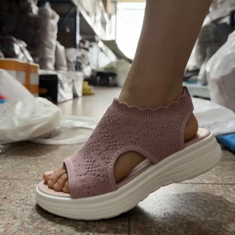 Women’s 2026 Summer Collection: Slip-on Mesh Peep-toe Knit-Weave Openwork Chunky-Soled Sports Sandals