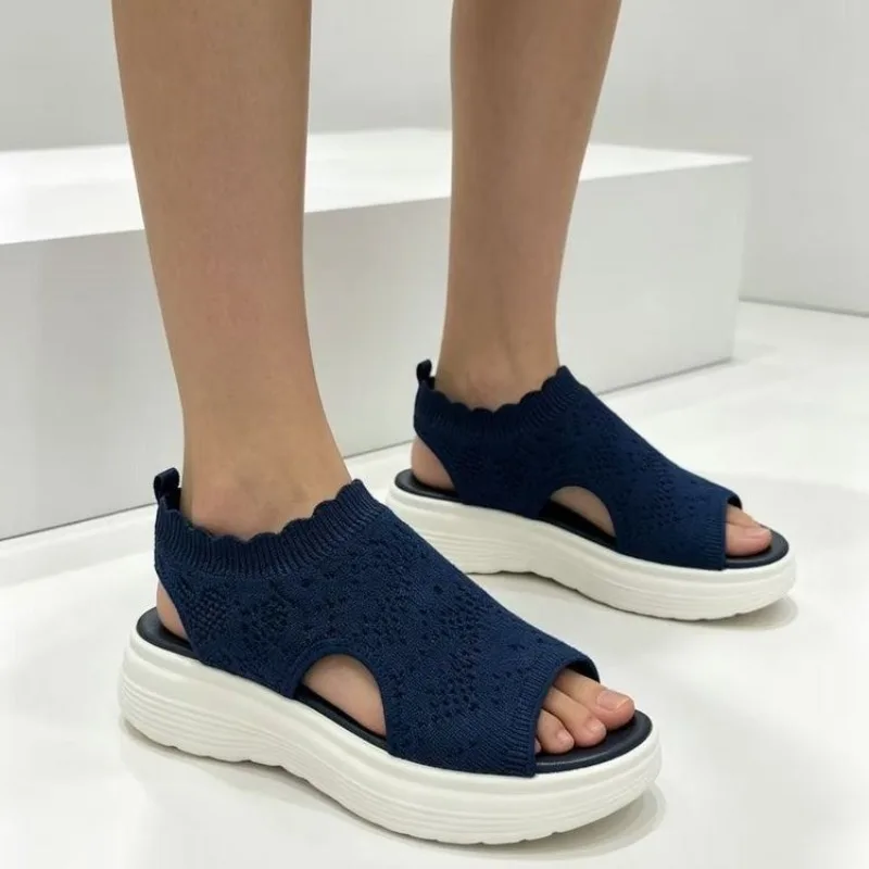 Women’s 2026 Summer Collection: Slip-on Mesh Peep-toe Knit-Weave Openwork Chunky-Soled Sports Sandals