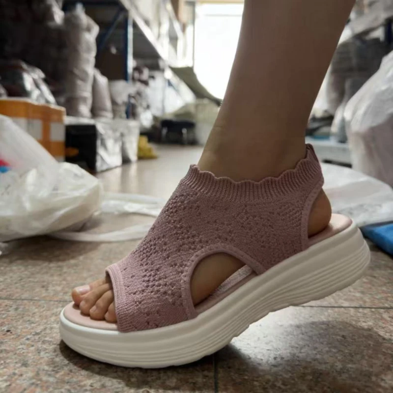 Women’s 2026 Summer Collection: Slip-on Mesh Peep-toe Knit-Weave Openwork Chunky-Soled Sports Sandals