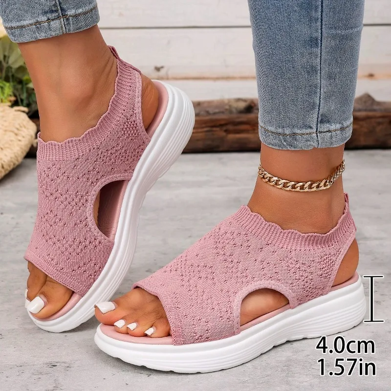 Women’s 2026 Summer Collection: Slip-on Mesh Peep-toe Knit-Weave Openwork Chunky-Soled Sports Sandals
