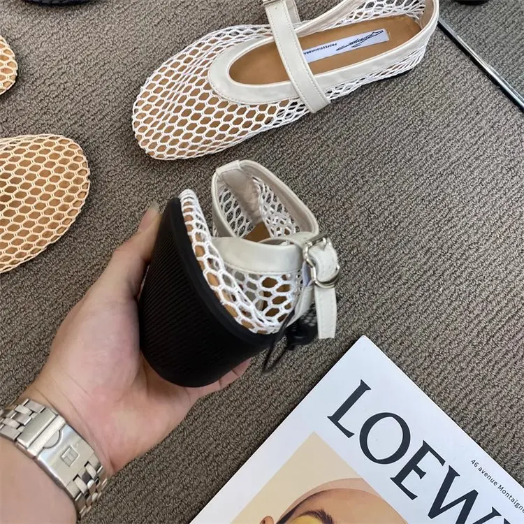2025 New Hollow Mesh Women's Flat Ballet Shoes - Casual Fashion Versatile Breathable Fishnet Sandals