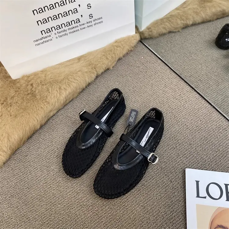 2025 New Hollow Mesh Women's Flat Ballet Shoes - Casual Fashion Versatile Breathable Fishnet Sandals