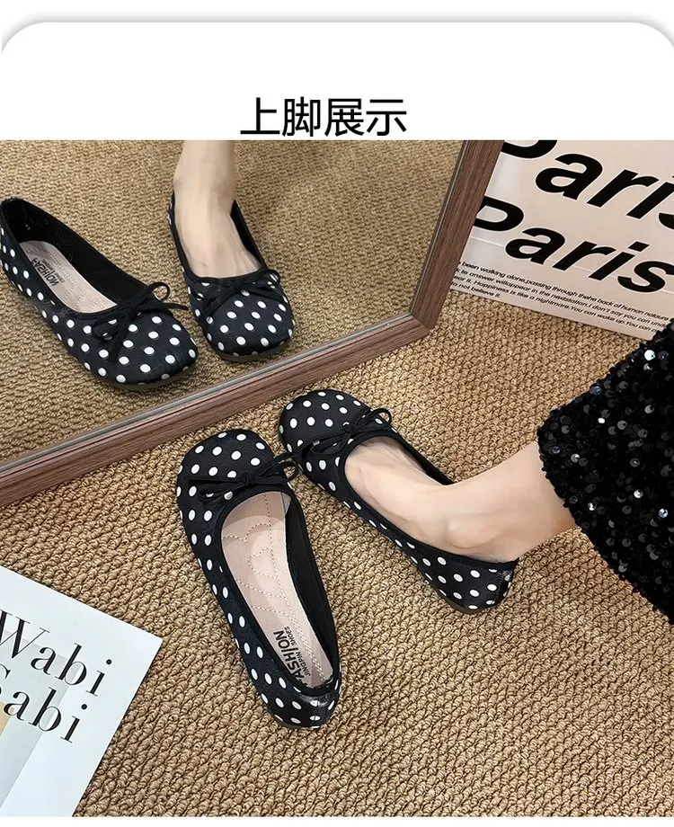 Spring Butterfly-knot Women Dot Ballet Flats Comfort Shallow Square Toe Slip on Shoes Ladies Eelgant Dress Mary Jane Shoes
