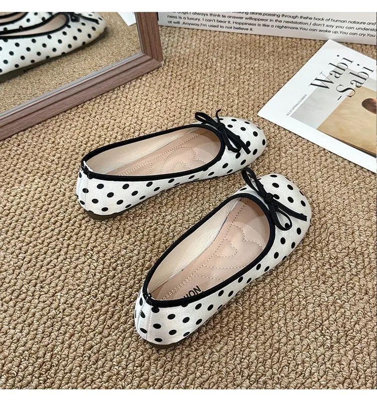 Spring Butterfly-knot Women Dot Ballet Flats Comfort Shallow Square Toe Slip on Shoes Ladies Eelgant Dress Mary Jane Shoes