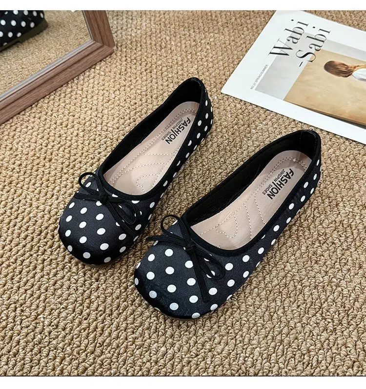 Spring Butterfly-knot Women Dot Ballet Flats Comfort Shallow Square Toe Slip on Shoes Ladies Eelgant Dress Mary Jane Shoes