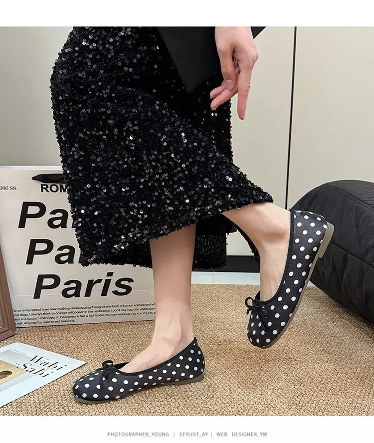 Spring Butterfly-knot Women Dot Ballet Flats Comfort Shallow Square Toe Slip on Shoes Ladies Eelgant Dress Mary Jane Shoes
