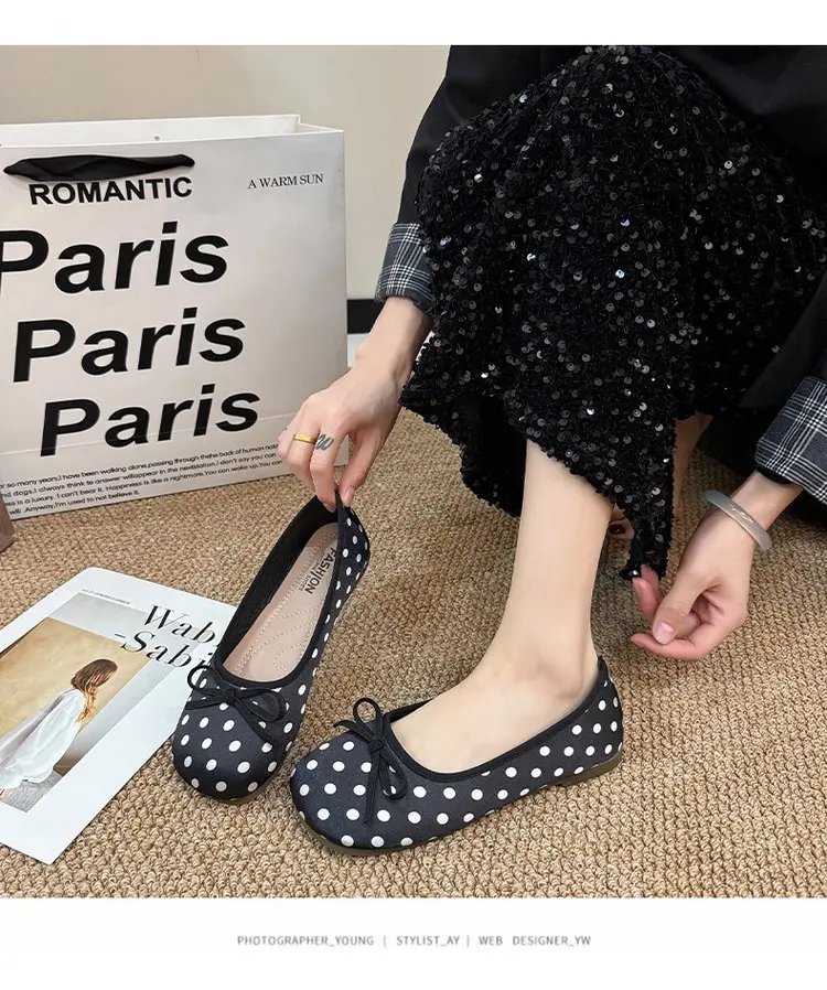 Spring Butterfly-knot Women Dot Ballet Flats Comfort Shallow Square Toe Slip on Shoes Ladies Eelgant Dress Mary Jane Shoes
