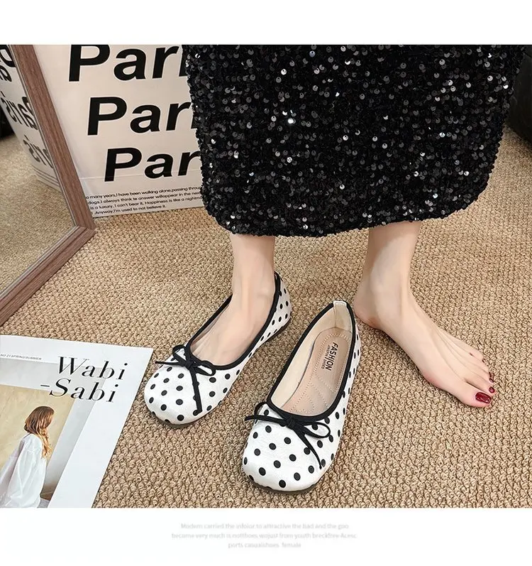 Spring Butterfly-knot Women Dot Ballet Flats Comfort Shallow Square Toe Slip on Shoes Ladies Eelgant Dress Mary Jane Shoes