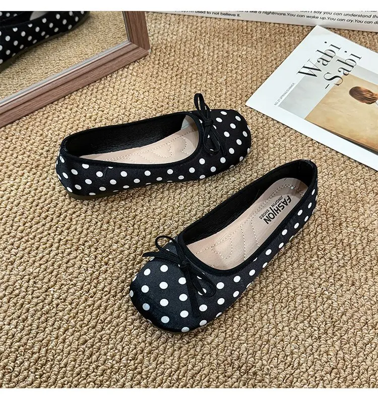 Spring Butterfly-knot Women Dot Ballet Flats Comfort Shallow Square Toe Slip on Shoes Ladies Eelgant Dress Mary Jane Shoes