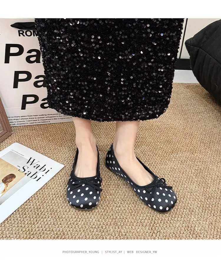 Spring Butterfly-knot Women Dot Ballet Flats Comfort Shallow Square Toe Slip on Shoes Ladies Eelgant Dress Mary Jane Shoes