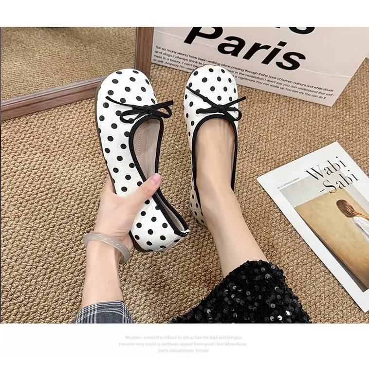 Spring Butterfly-knot Women Dot Ballet Flats Comfort Shallow Square Toe Slip on Shoes Ladies Eelgant Dress Mary Jane Shoes