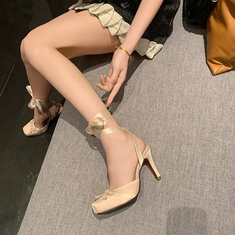 Red High-heeled Shoes, Women's Head-wrap with Pleated Bow, Ankle Strap Sandals, Ballet-style Cross-buckle Wedding Shoes