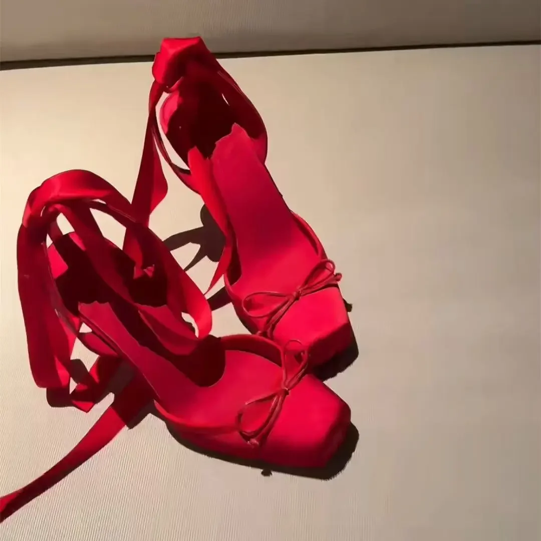 Red High-heeled Shoes, Women's Head-wrap with Pleated Bow, Ankle Strap Sandals, Ballet-style Cross-buckle Wedding Shoes
