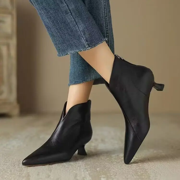 Autumn Winter Pointed Toe Women Ankle Boots Fashion Elegant Zippers Short Booties Vintage Ladies Square Heels Casual Shoes