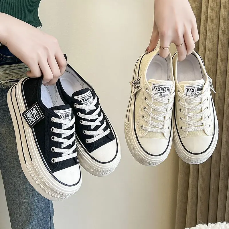 2026 New Women's Black Platform Canvas Sneakers Lace-up Comfortable Shoes Fashion Outdoor Multi-functional Sports Canvas Shoes