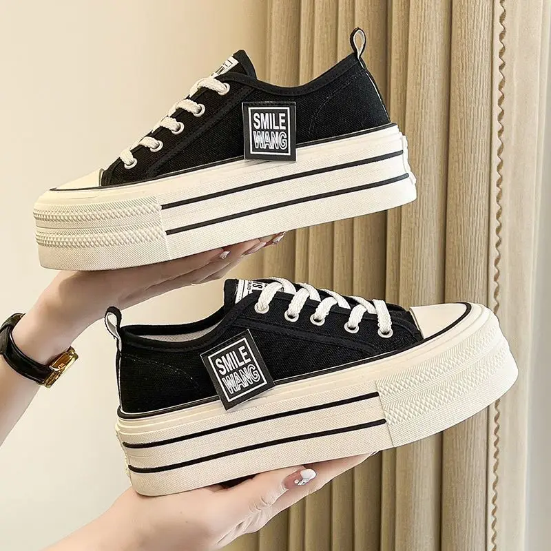 2026 New Women's Black Platform Canvas Sneakers Lace-up Comfortable Shoes Fashion Outdoor Multi-functional Sports Canvas Shoes