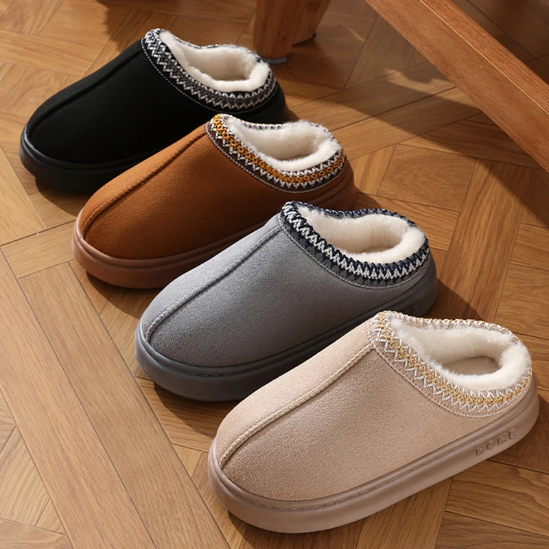 Comfort Thick Bottom Cotton Slippers Women 2025 Winter Warm Thick Plush Non Slip Furry Clogs Shoes Embroidery Suede Snow Boots