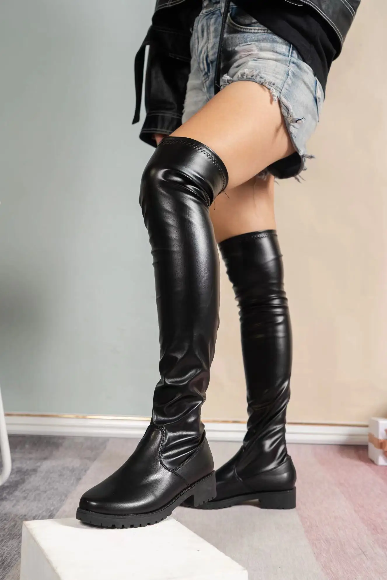 Platform Heel Women's Pumps Stretch Ankle Boots Designer Knee-high Women Trend Thigh High Black Gothic Shoes Invierno Para Mujer