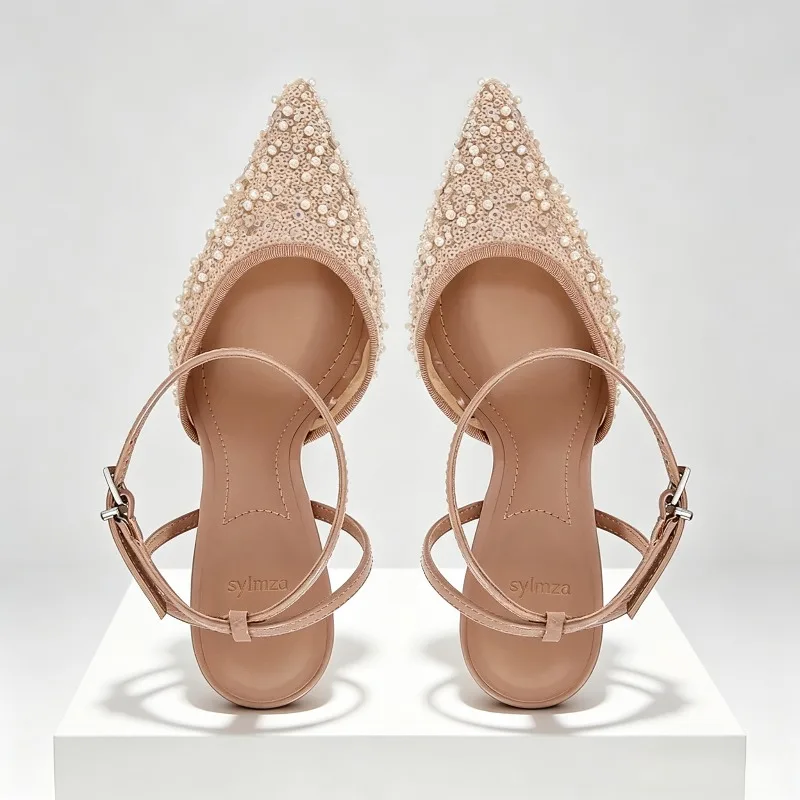 Luxury Bling String Bead Mesh Designer Pumps Women Sexy Pointed Toe Ankle Strap High Heels Elegant Party Wedding Heeled Sandals