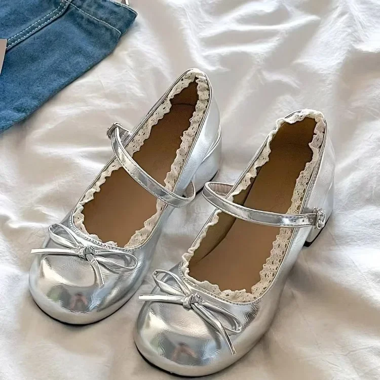 2026 New Women Mary Jane Shoes Fashion Butterfly-knot Dress Shoes Ladies Concise Outdoor Thick Heel Leather Shoes