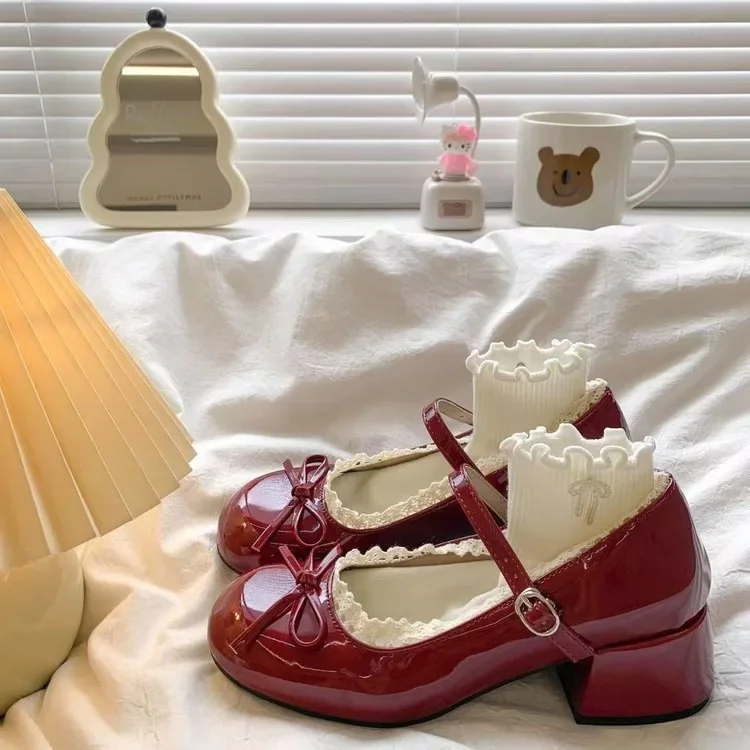 2026 New Women Mary Jane Shoes Fashion Butterfly-knot Dress Shoes Ladies Concise Outdoor Thick Heel Leather Shoes