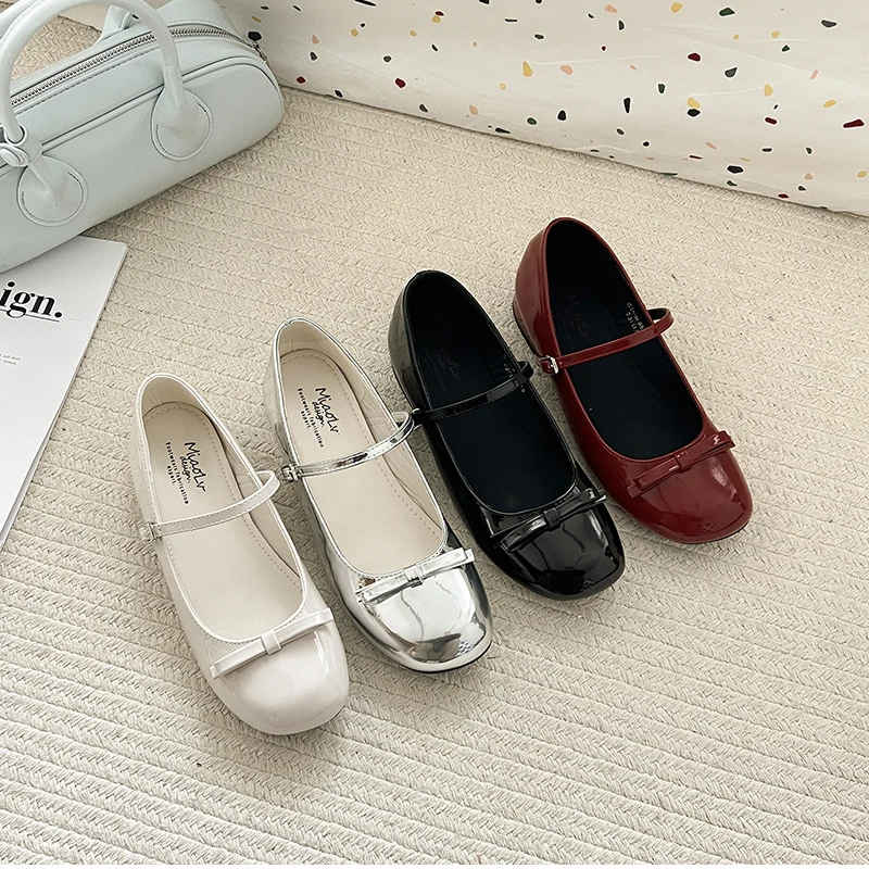 Spring Wine Red Women Mary Jane Shoes Shallow Ladies Casual Butterfly-knot Shoes Eelgant Dress Leather Shoes