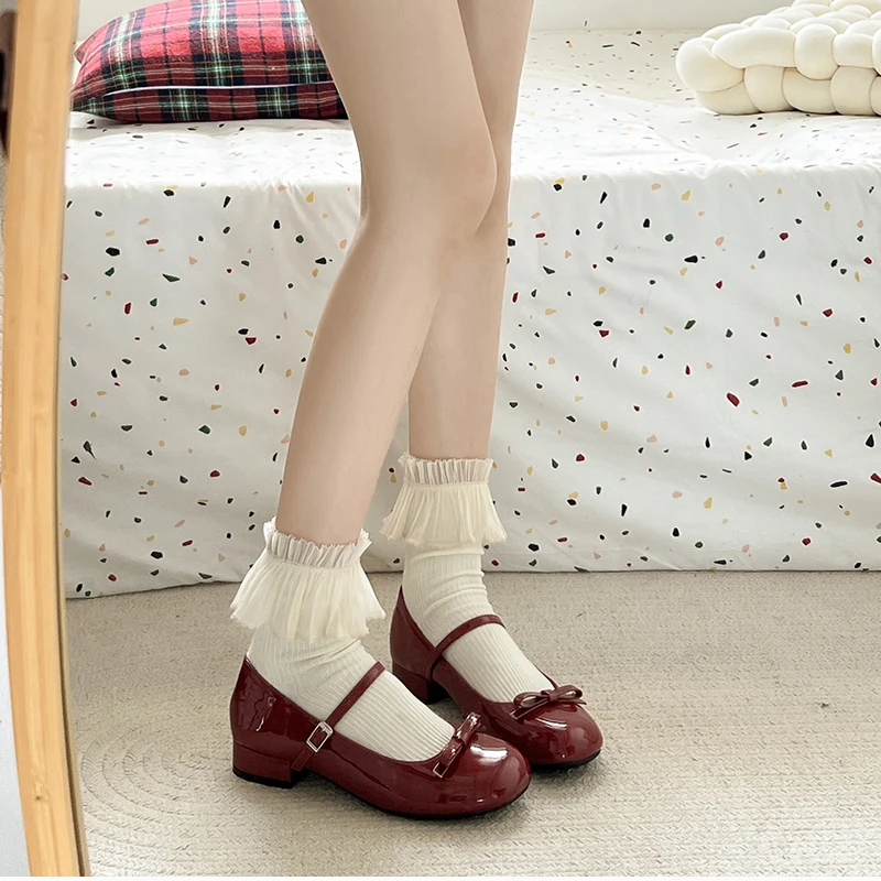 Spring Wine Red Women Mary Jane Shoes Shallow Ladies Casual Butterfly-knot Shoes Eelgant Dress Leather Shoes