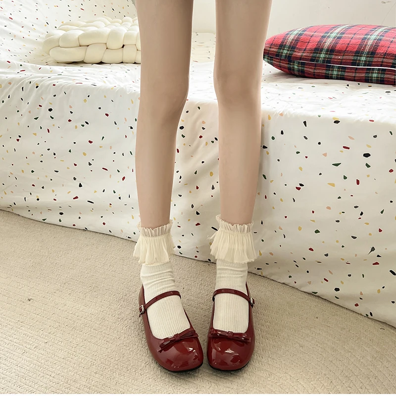 Spring Wine Red Women Mary Jane Shoes Shallow Ladies Casual Butterfly-knot Shoes Eelgant Dress Leather Shoes