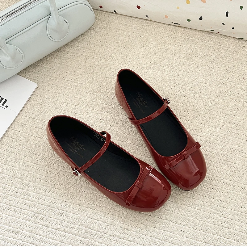 Spring Wine Red Women Mary Jane Shoes Shallow Ladies Casual Butterfly-knot Shoes Eelgant Dress Leather Shoes