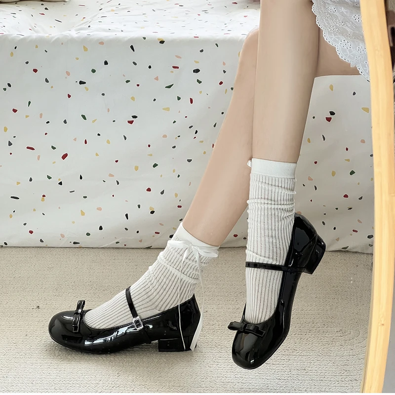 Spring Wine Red Women Mary Jane Shoes Shallow Ladies Casual Butterfly-knot Shoes Eelgant Dress Leather Shoes