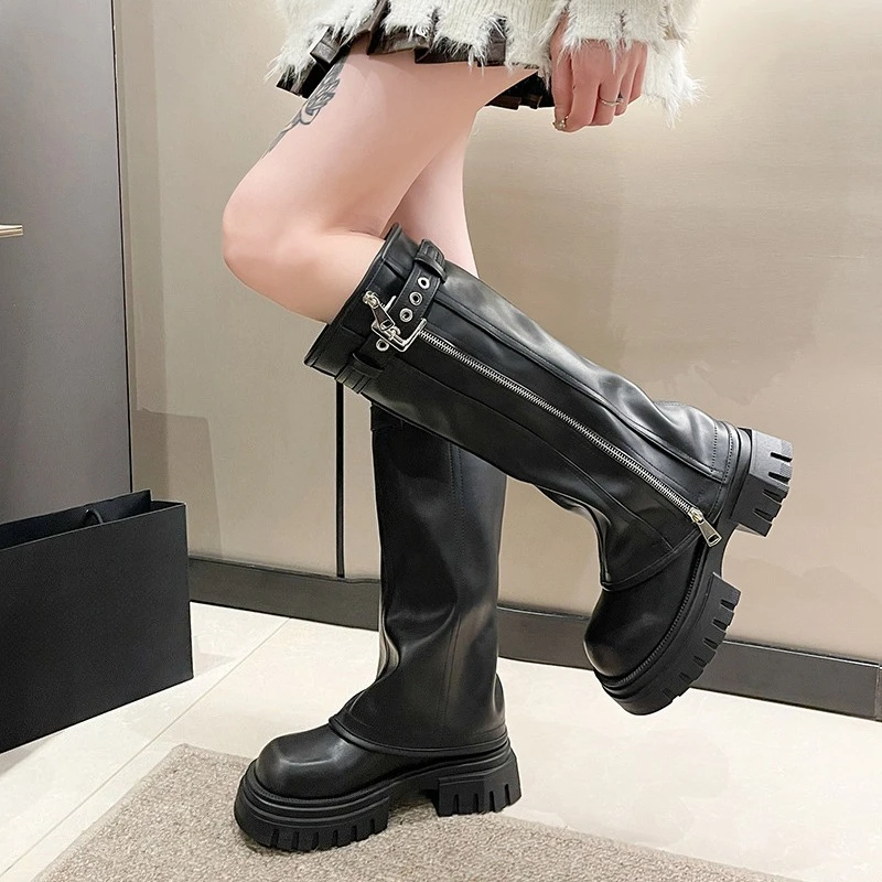 2025 Winter Women Biker Boots Fashion Belt Buckle Ladies Elegant Platform Long Pipe Booties Casual Women's Knee High Booties