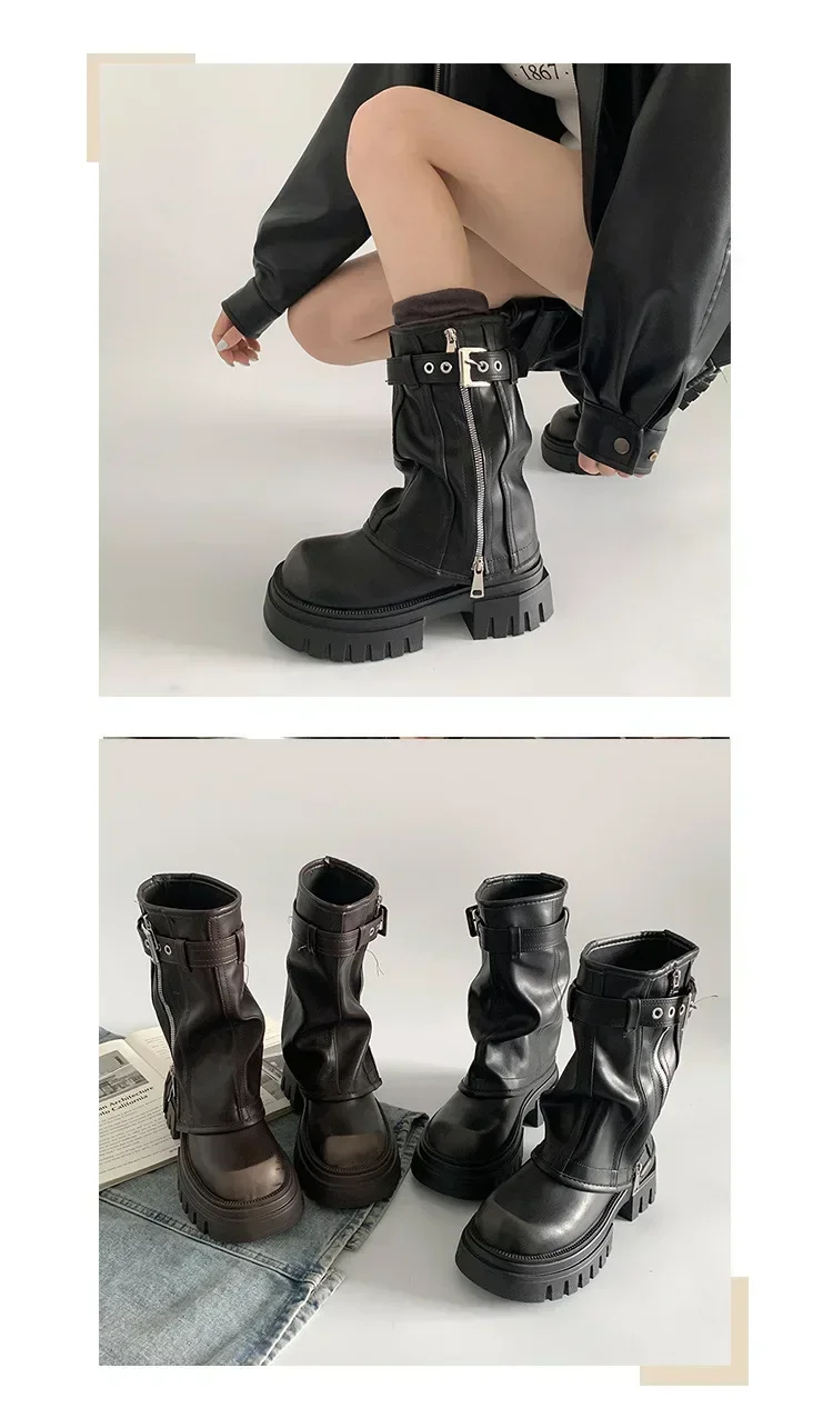 2025 Winter Women Biker Boots Fashion Belt Buckle Ladies Elegant Platform Long Pipe Booties Casual Women's Knee High Booties