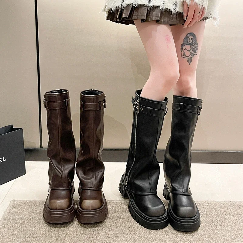 2025 Winter Women Biker Boots Fashion Belt Buckle Ladies Elegant Platform Long Pipe Booties Casual Women's Knee High Booties