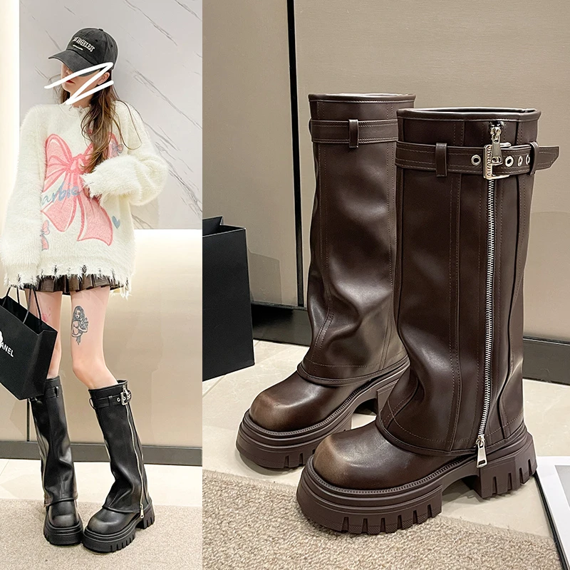 2025 Winter Women Biker Boots Fashion Belt Buckle Ladies Elegant Platform Long Pipe Booties Casual Women's Knee High Booties