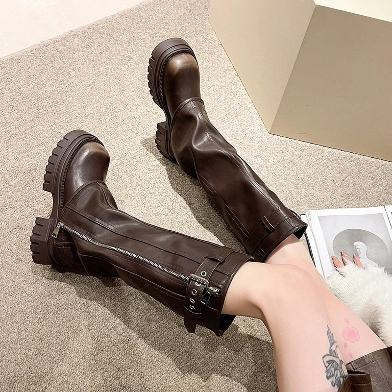2025 Winter Women Biker Boots Fashion Belt Buckle Ladies Elegant Platform Long Pipe Booties Casual Women's Knee High Booties