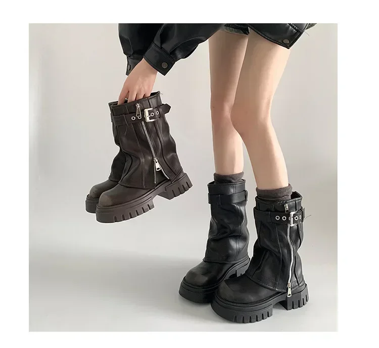 2025 Winter Women Biker Boots Fashion Belt Buckle Ladies Elegant Platform Long Pipe Booties Casual Women's Knee High Booties