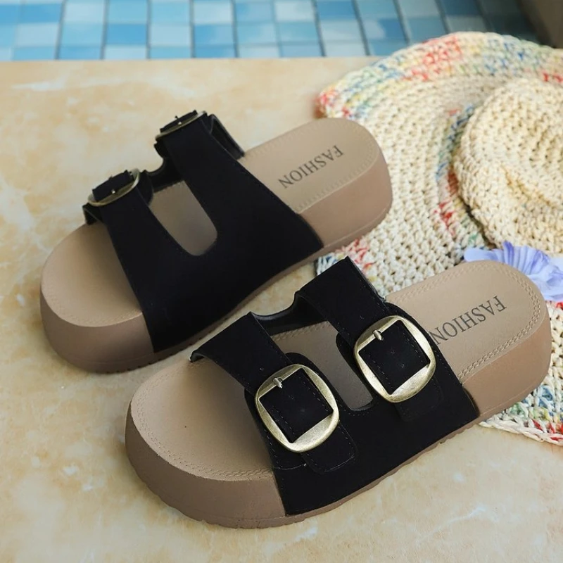 Woman Natural Genuine Cow Leather 6CM Thick Bottom Buckle Slippers Classic Comfortable Fashion Sandals New Design Summer Shoes