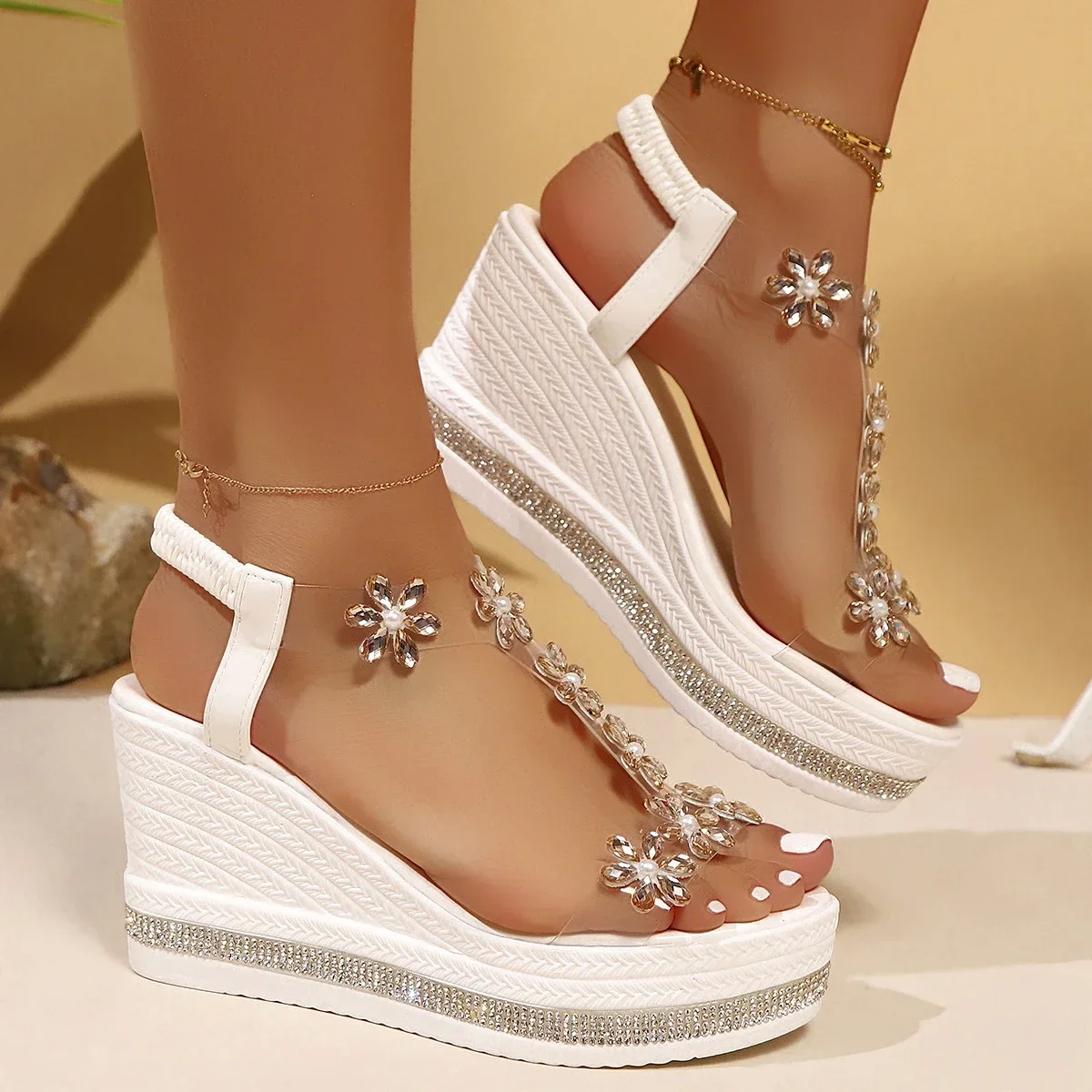 Women's Floral Rhinestone Decorative Sandals Bohemian Style Open Toe Thick Platform Wedge Heel Temperament Beach Sandal