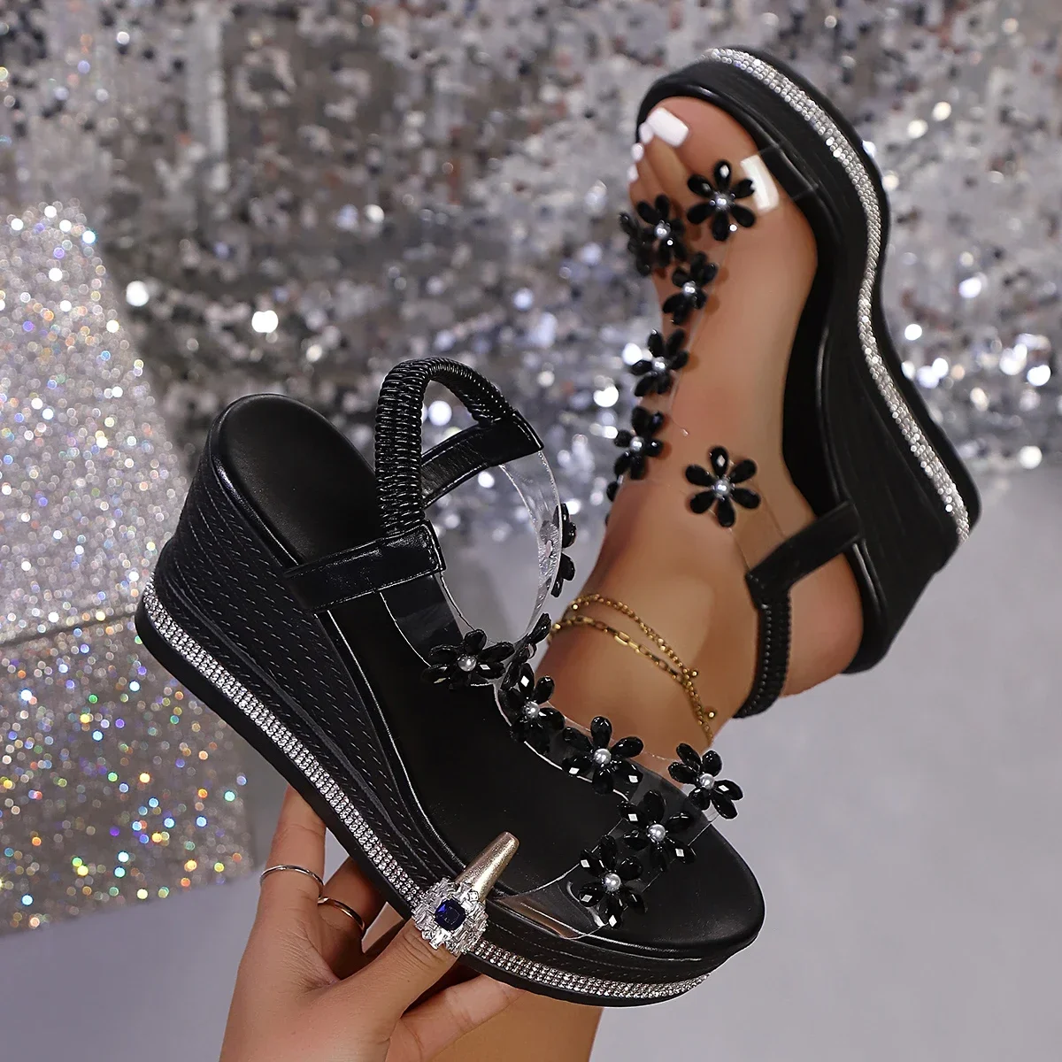 Women's Floral Rhinestone Decorative Sandals Bohemian Style Open Toe Thick Platform Wedge Heel Temperament Beach Sandal
