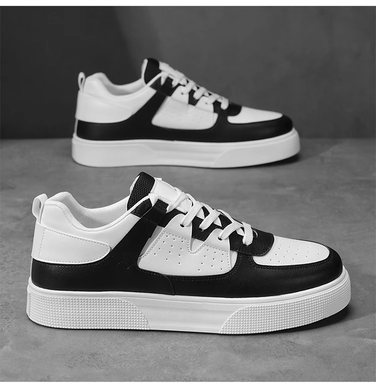 Men's Casual Skate Shoes Black White Color Block Breathable Low Top Platform Sneakers