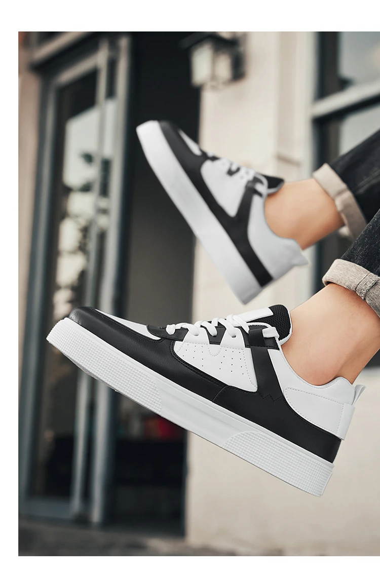 Men's Casual Skate Shoes Black White Color Block Breathable Low Top Platform Sneakers