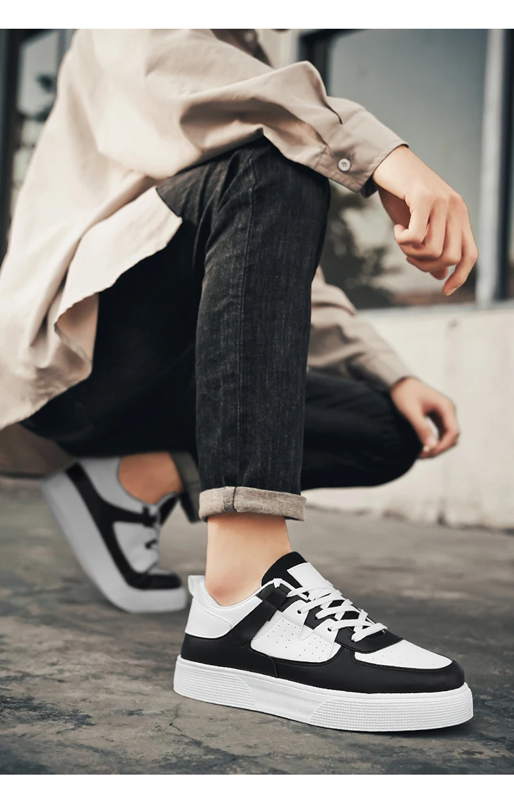 Men's Casual Skate Shoes Black White Color Block Breathable Low Top Platform Sneakers