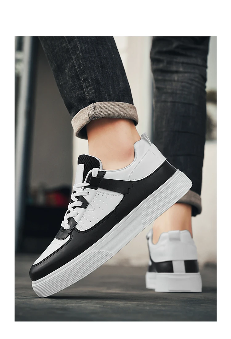 Men's Casual Skate Shoes Black White Color Block Breathable Low Top Platform Sneakers