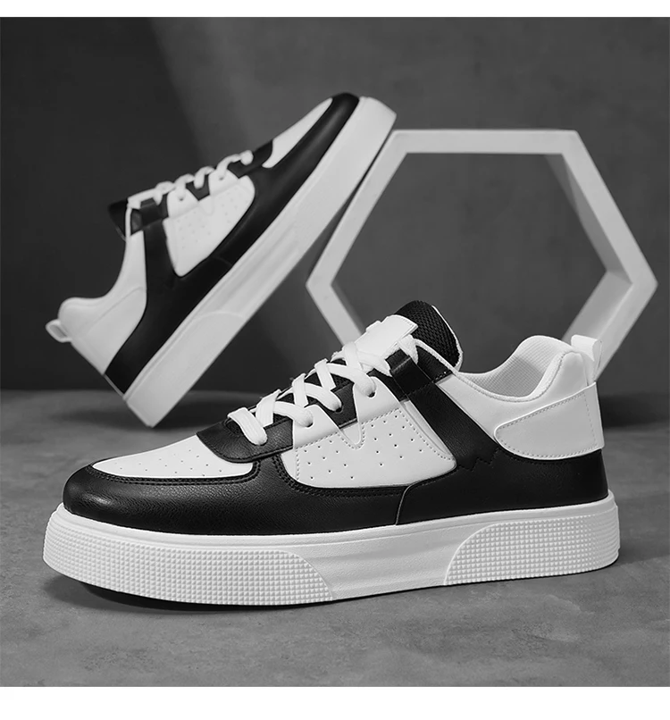 Men's Casual Skate Shoes Black White Color Block Breathable Low Top Platform Sneakers
