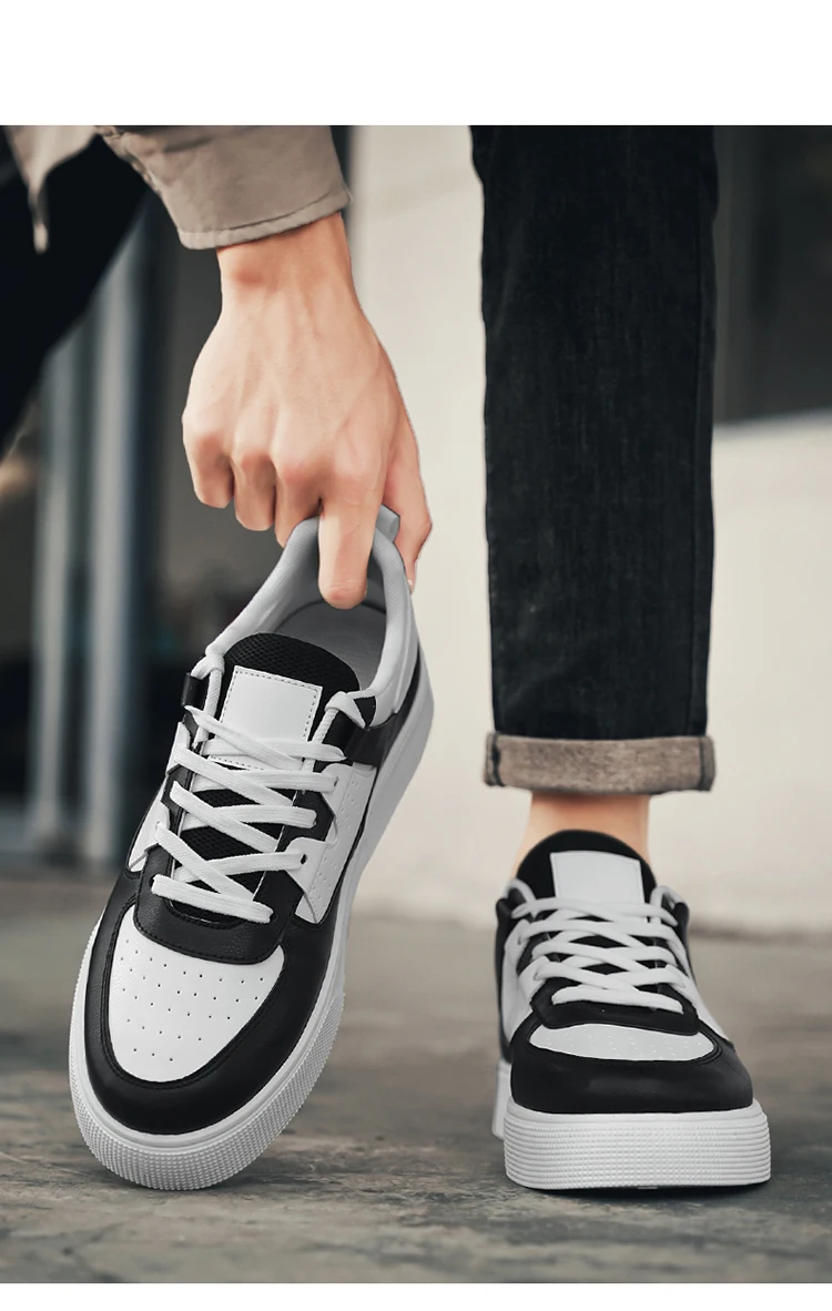 Men's Casual Skate Shoes Black White Color Block Breathable Low Top Platform Sneakers